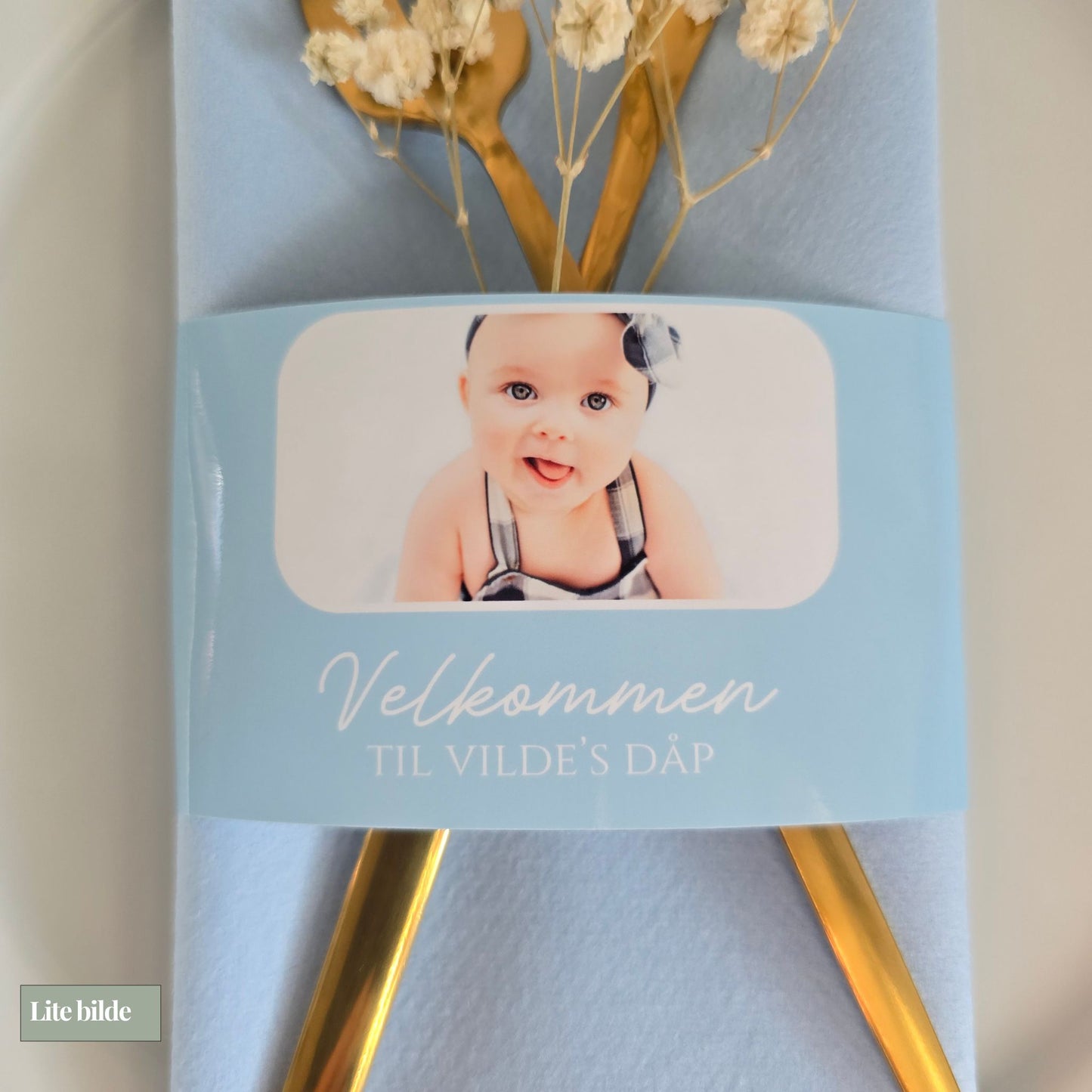 Serviettbånd med bilde til dåp blått