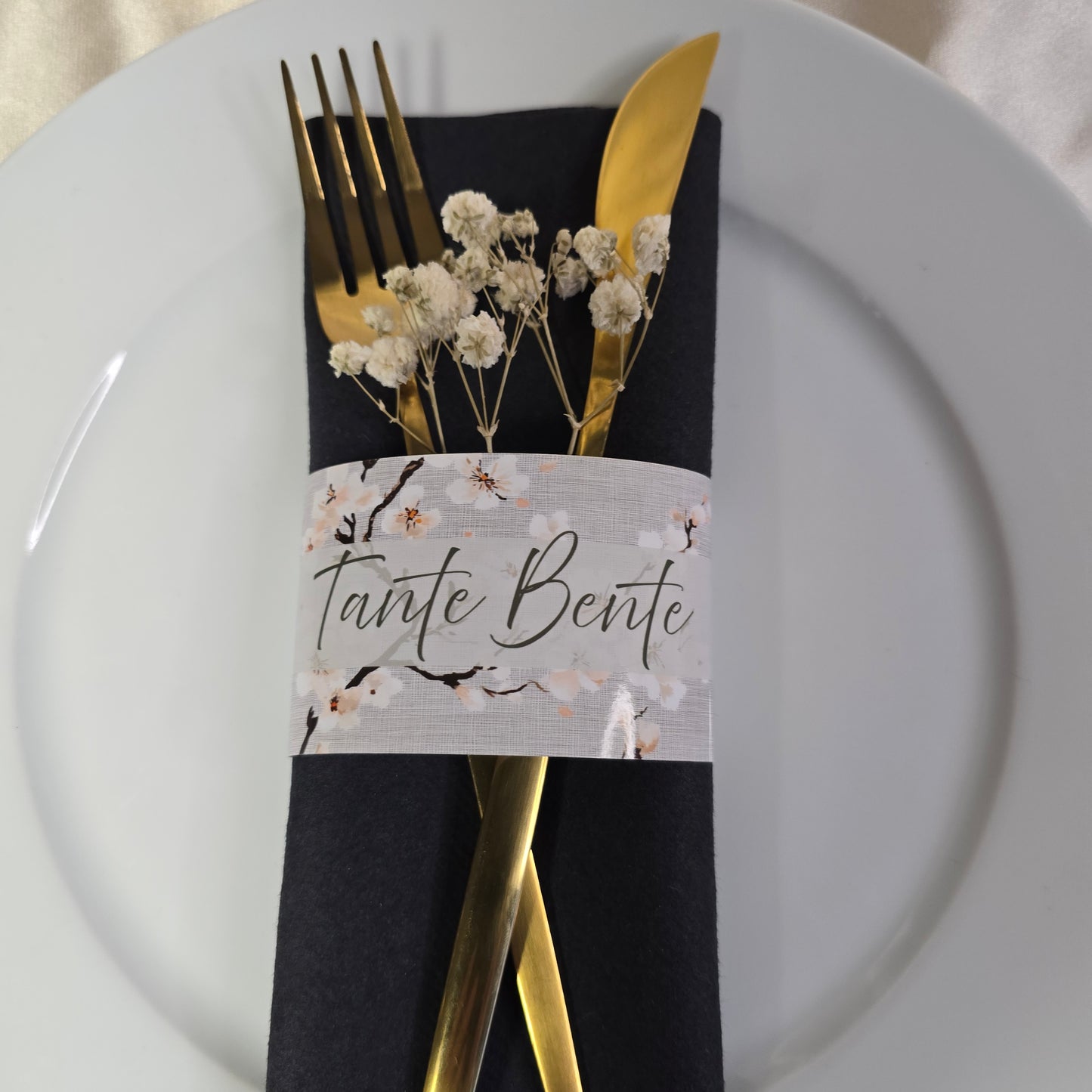 Serviettbånd med navn - kirsebærblomstring