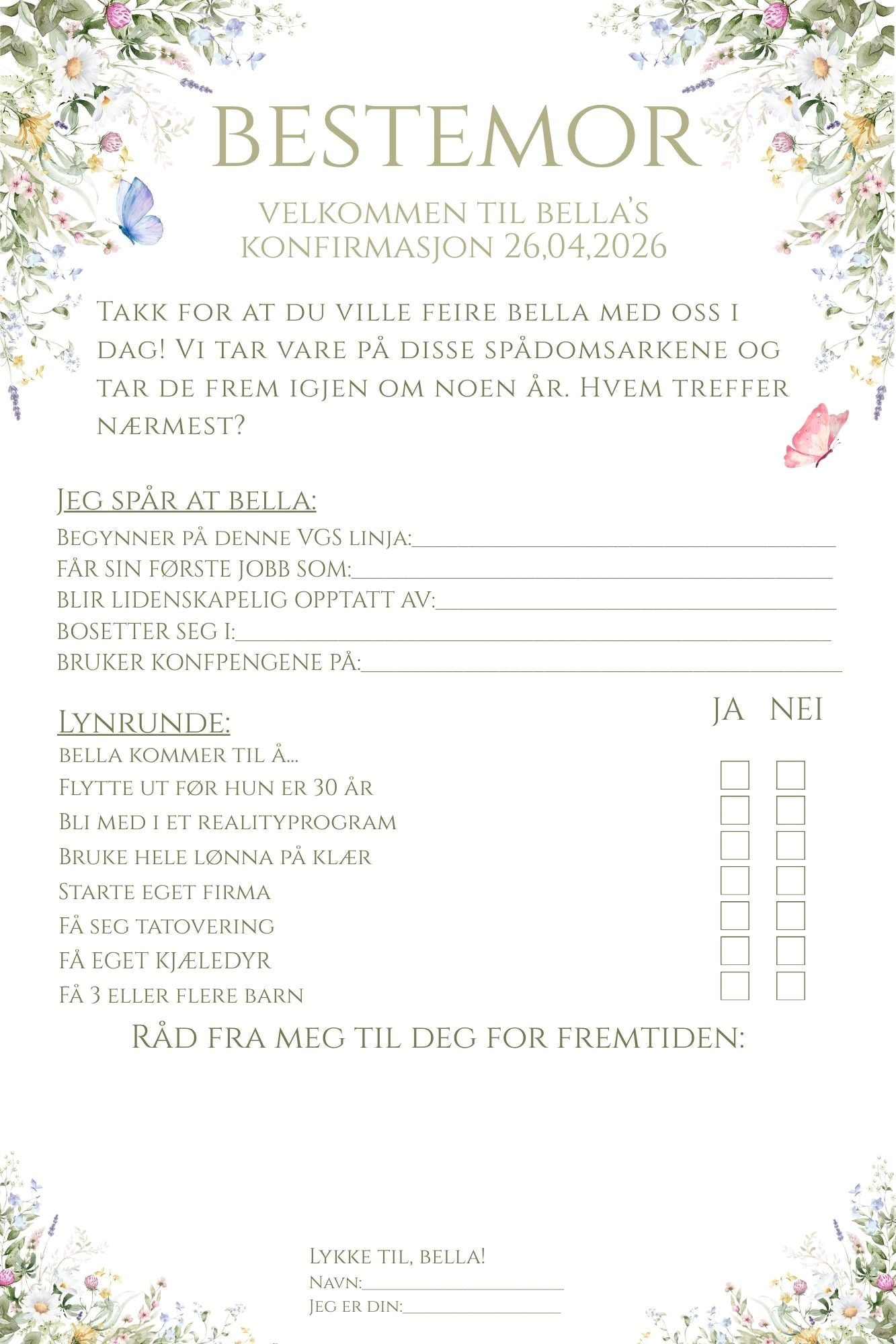 Spådomsark konfirmasjon med gjestenes navn- Sommereng