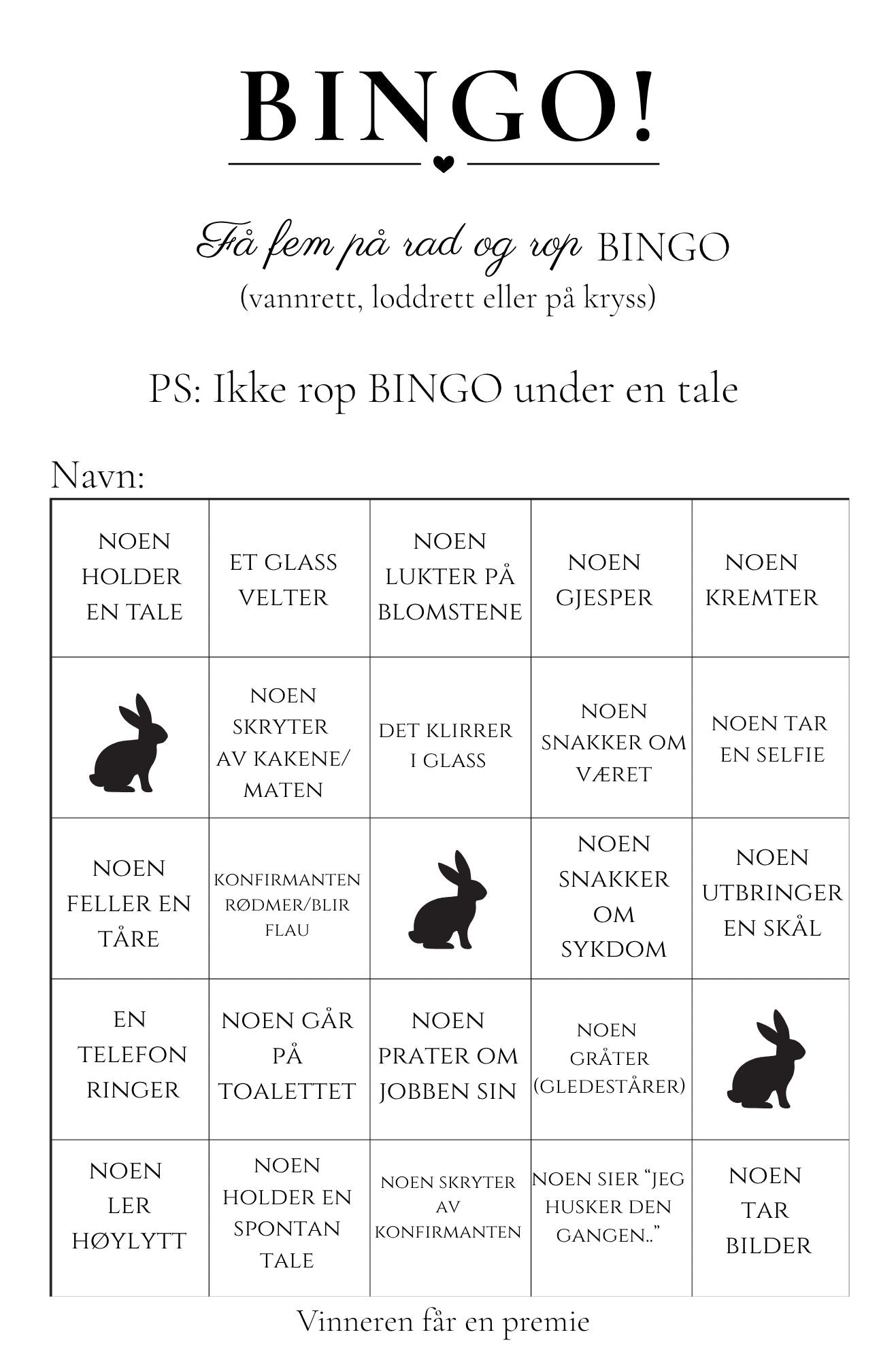 Bingokort konfirmasjon