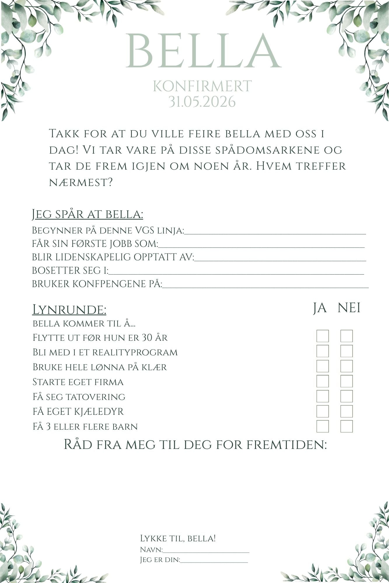 Spådomsark konfirmasjon - Eukalyptus