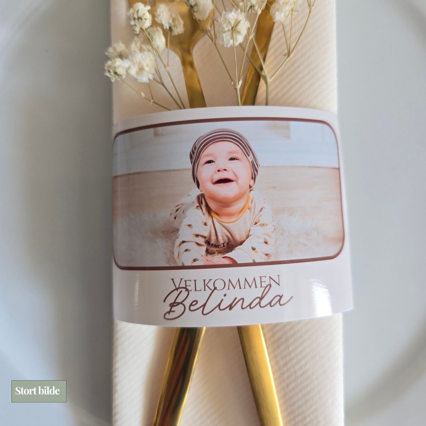 Serviettbånd med bilde og navn – Dåp og Navnefest