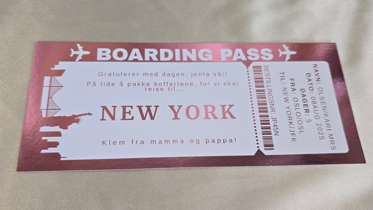 Personlig boardingkort med folie. Perfekt når du skal gi bort en reise.