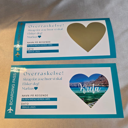 Personalisert "Boarding pass" med foto under skrapefelt