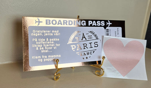 Personlig boardingkort med folie og skrapefelt. Perfekt når du skal gi bort en reise!