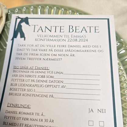 Spådomsark til konfirmasjon - med gjestenes navn