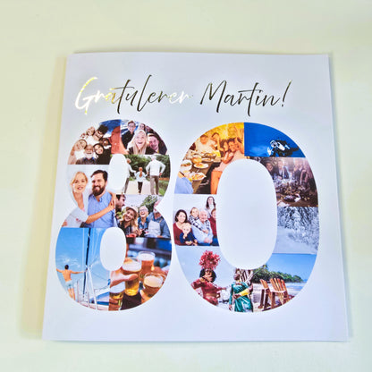 Feire 80 åringen med et kort med bilder av familie og opplevelser gjennom 80 år