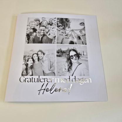 Personlig gratulasjonskort med bilder og skinnende folie