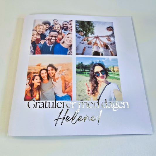 Personlig gratulasjonskort med bilder og skinnende folie