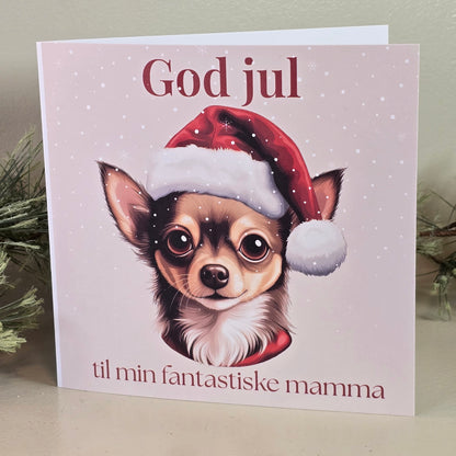 Personlig julekort med chihuahua! Legg til egen tekst på forsiden og Vipps-skrapefelt inni. Perfekt gave til hundemammaer og hundepappaer.
