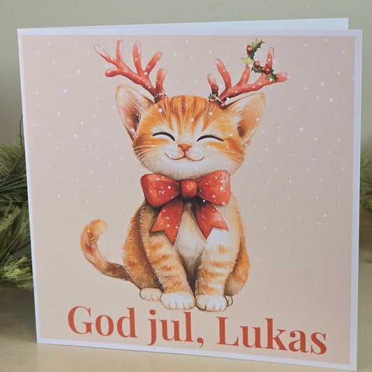 Personlig Julekort med navn - Katt med sløyfe