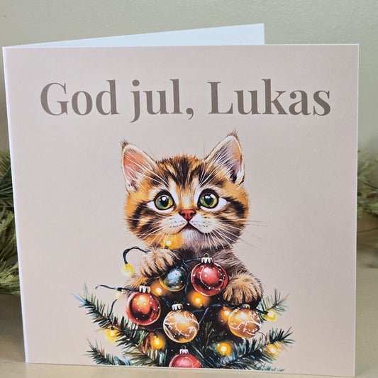 Personlig Julekort med navn - Katt i tre