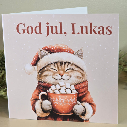 Personlig Julekort med navn - Katt med kakao