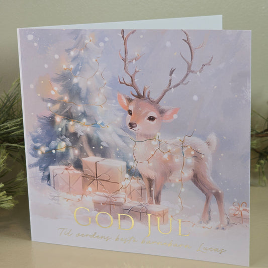 Personlig Julekort med navn og gullfolie - Reinsdyr