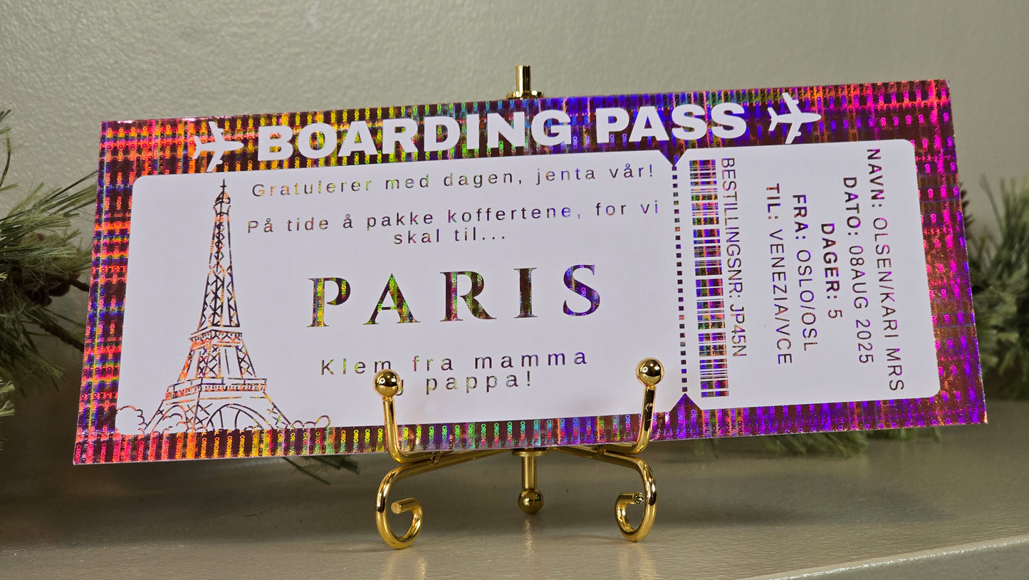 Personlig gavekort - hvitt boarding pass