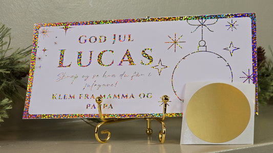 Personlig julegavekort med rundt skrapefelt