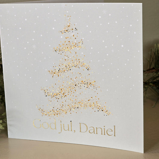 Julekort med navn i gullfolie - Juletre