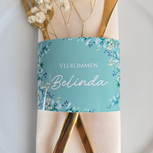 Serviettbånd med navn - turkis med blomster