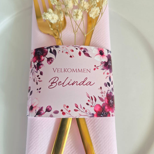 Serviettbånd med navn - rosa med blomster