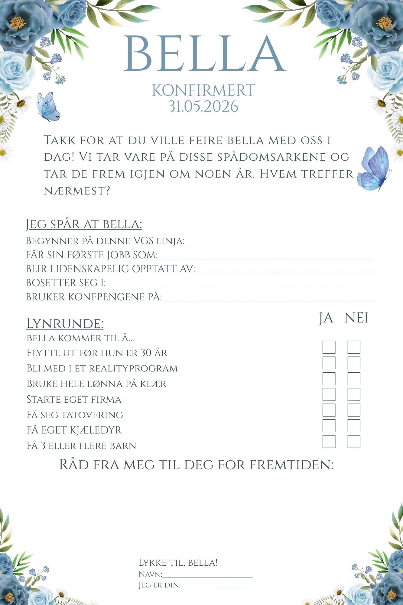 Spådomsark konfirmasjon - Blå rose