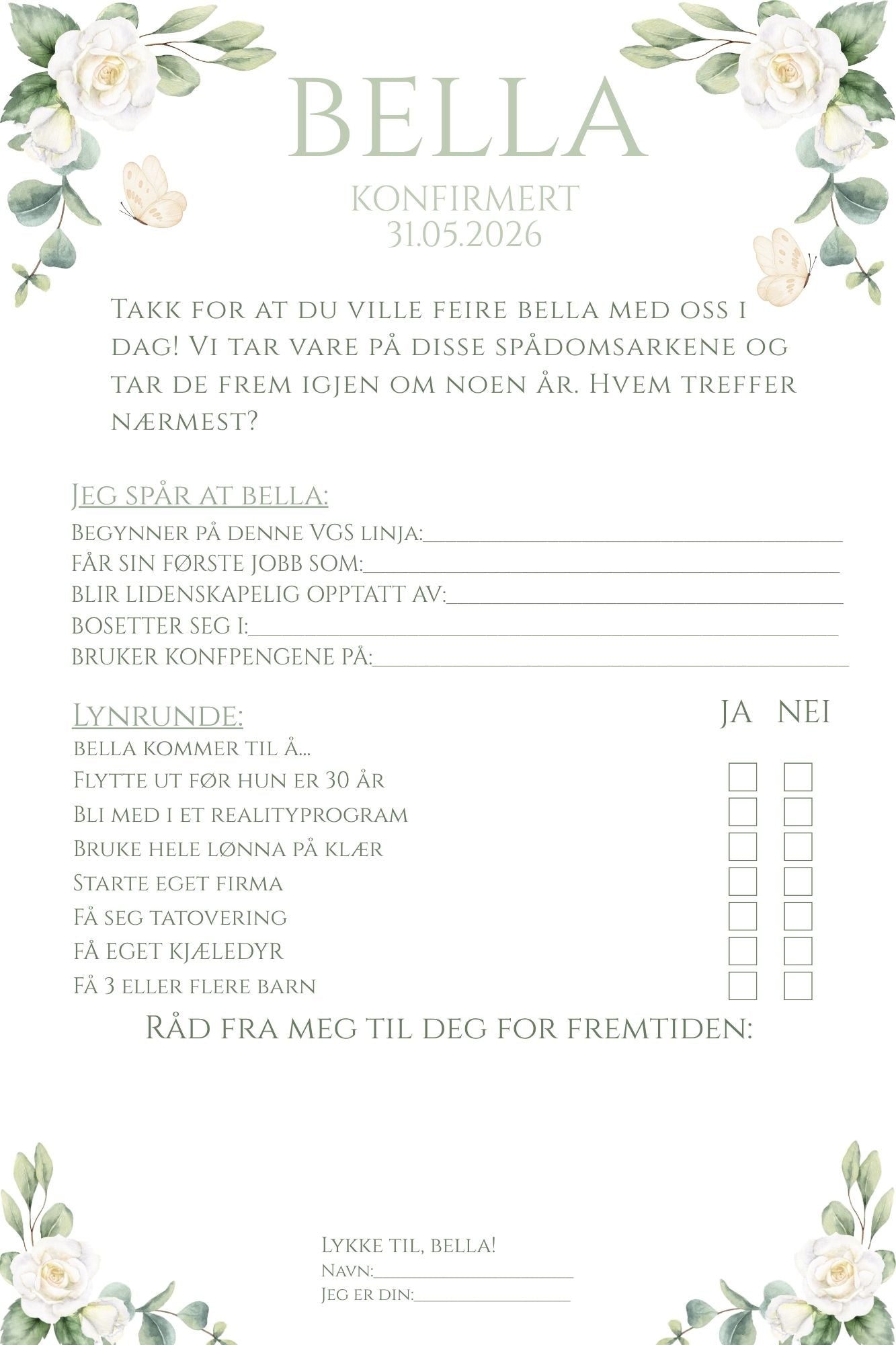 Spådomsark konfirmasjon - Hvit rose