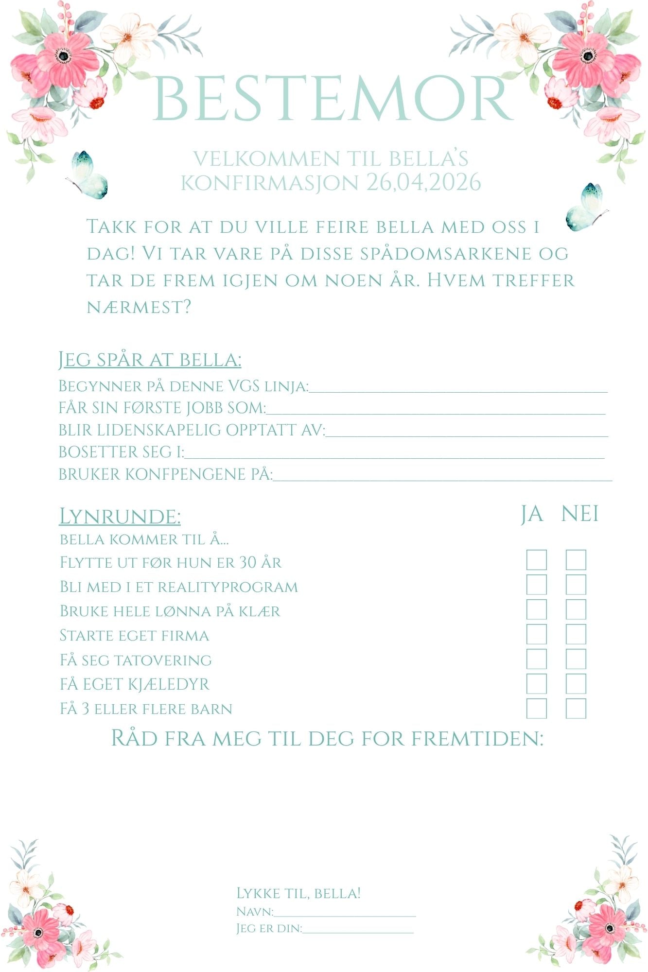 Spådomsark konfirmasjon med gjestenes navn- Sommerbris