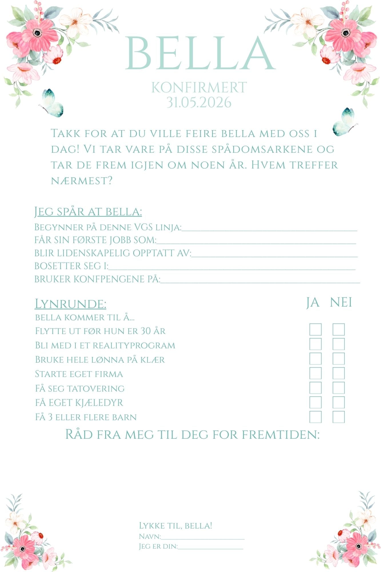 Spådomsark konfirmasjon - Sommerbris