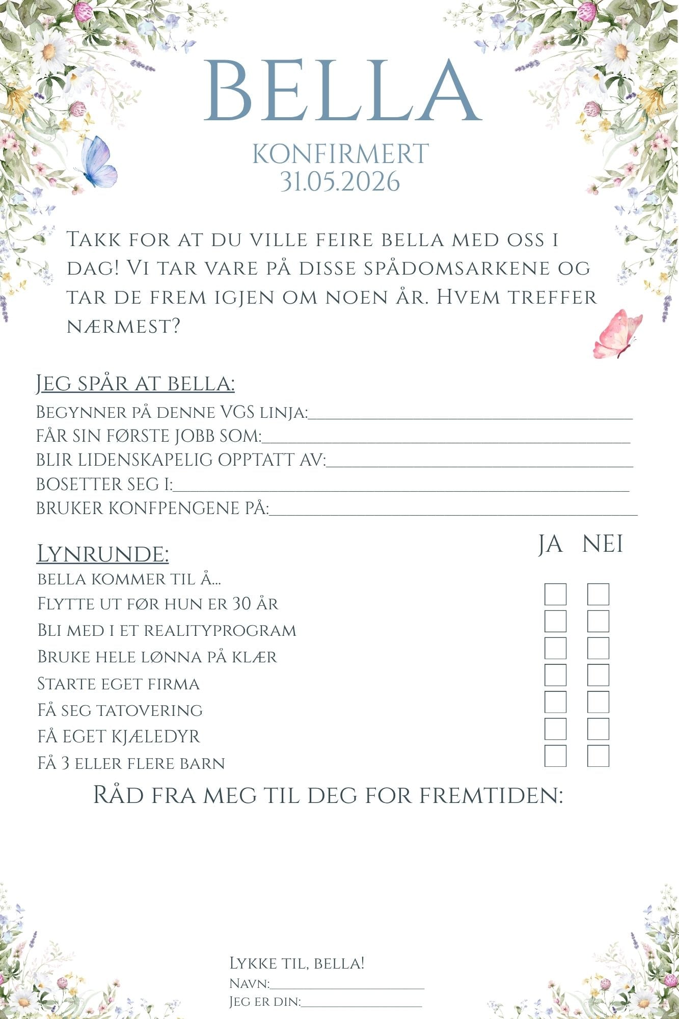 Spådomsark konfirmasjon - Sommereng