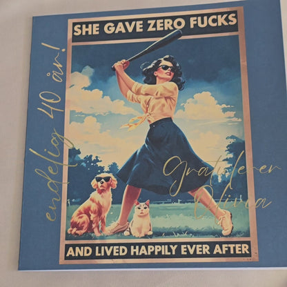Gratulasjonskort – She gave zero ..., and lived happily ever after